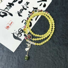 蜜蜡碧玺草莓晶925银叶子竹子三圈手链串珠艺术手串搭配女款专属