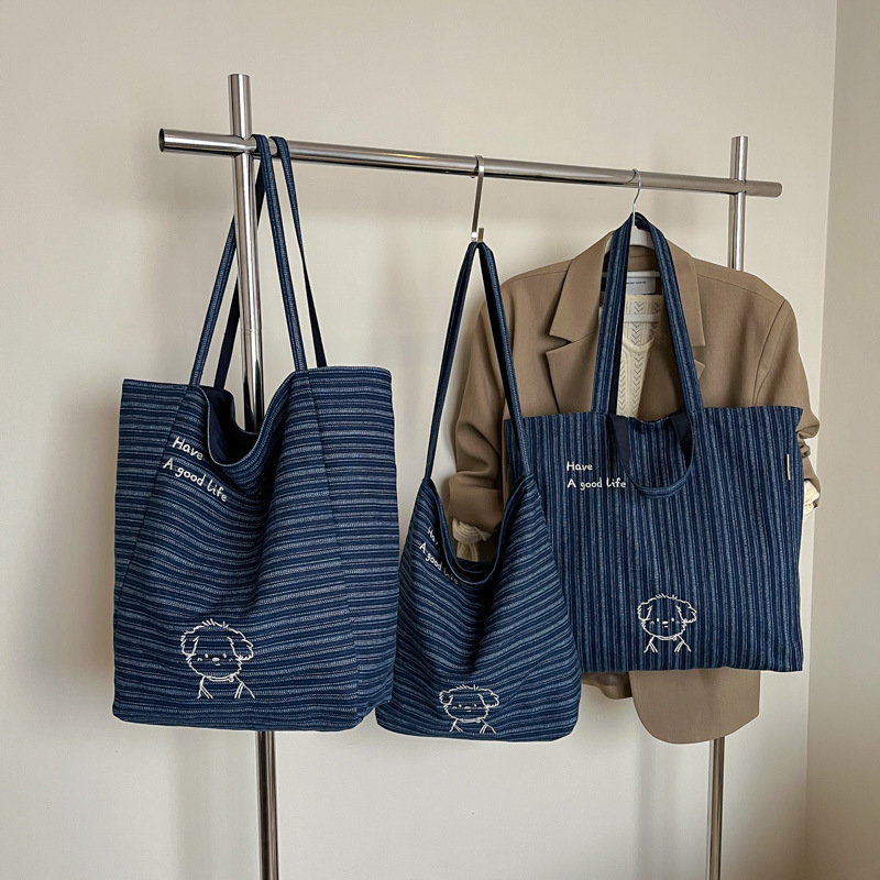 New Double-sided Back Canvas Tote Bag Casual Large Capacity Student Denim Shoulder Bag Korean Style Lazy Style Shoulder Bag