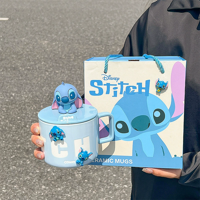 Керамическая кружка Stitch с крышкой для дома, пара, чашка для воды, милая чашка для девочки, подарок на день рождения, кружка для кофе