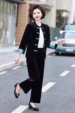妈妈洋气套装金丝绒秋装上衣两件套女士中老年春秋新款国风唐装女
