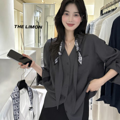 THE LIMON柠檬绿茶2025秋季时尚高级感飘带v领气质衬衫女配丝巾