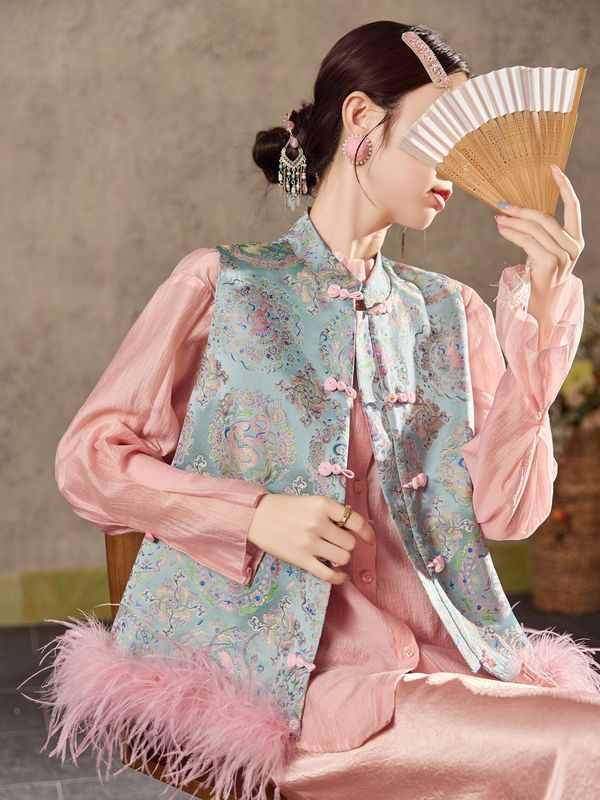 2025国风新中式气质提花缎面背心秋季新款鸵鸟毛可拆马甲女 N7070|undefined