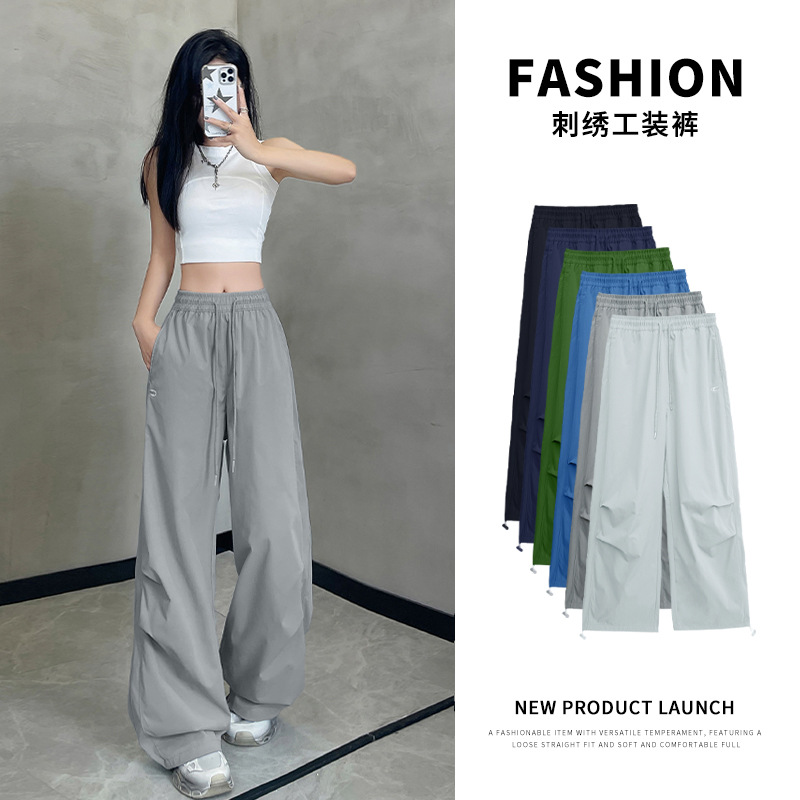 American Style Lazy Sports Style Embroidered Parachute Overalls Women's Spring and Summer New Quick-drying Loose Casual Wide-leg Pants