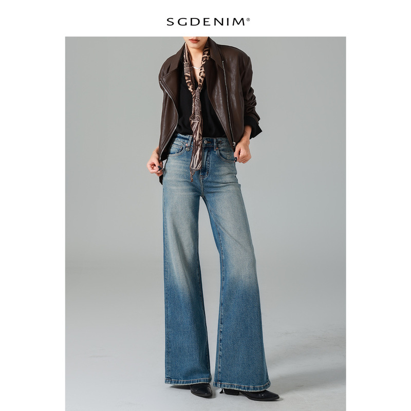 Hong Kong Style Washed/High-Waisted Jeans for Women, Wide-Leg, Slightly Flared Straight Pants, Loose 25 Autum New Retro Trend
