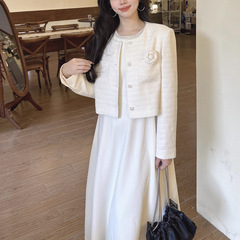 精致名媛千金白月光花纱白色小香风短外套女秋季山茶花气质上衣