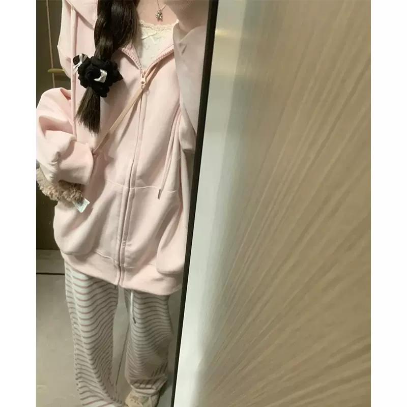 粉色宽松卫衣外套女春秋季2025新款慵懒风韩系穿搭小个子开衫上衣