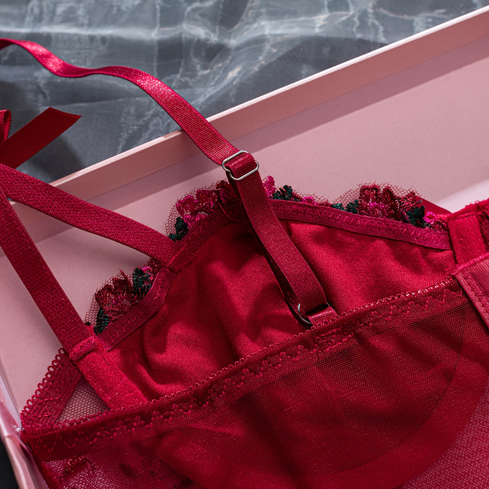 Women's Clothing Steel Ring Bra Embroidered Floral Bow Small Sling Fishbone Three Row Buckle Adjustable_voghion.com