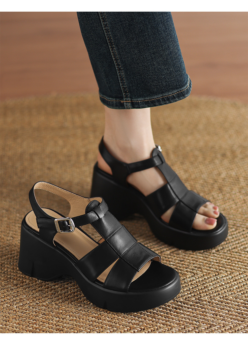 Giày sandal cao gót đế xuồng nữ phong cách La Mã, gót 9 cm, quai rỗng thoáng mát — Màu đen, Màu trắng be chi tiết 1