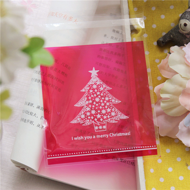 100个批发红底圣诞树款礼品自粘袋 糖果袋 饰品袋 饼干袋 现货