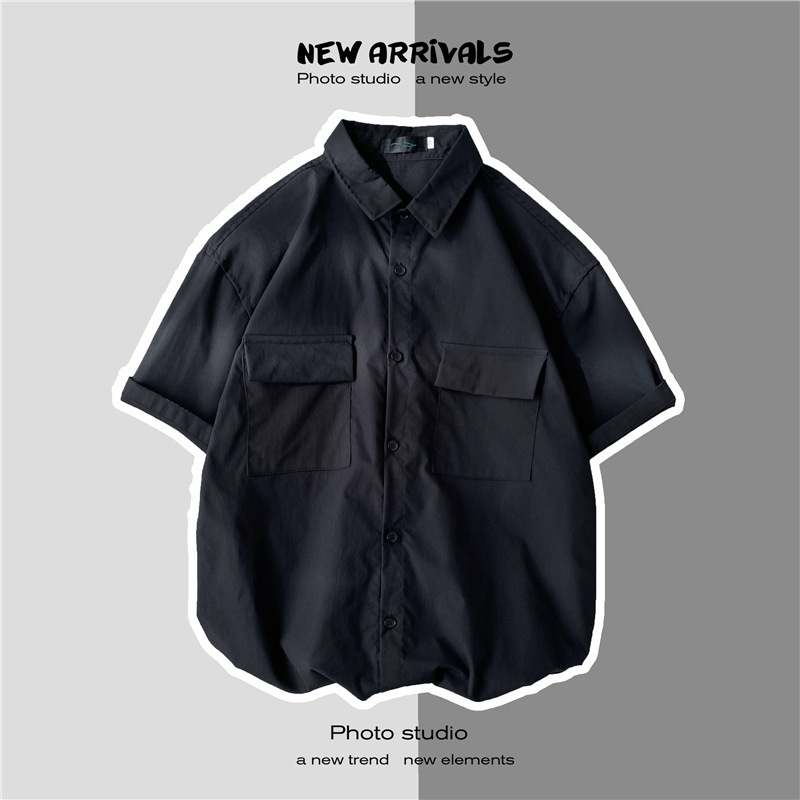 Verano estilo de Hong Kong ins camisa de manga corta de los hombres de doble bolsillo de moda estudiante suelta media manga casual ropa de trabajo camisa
