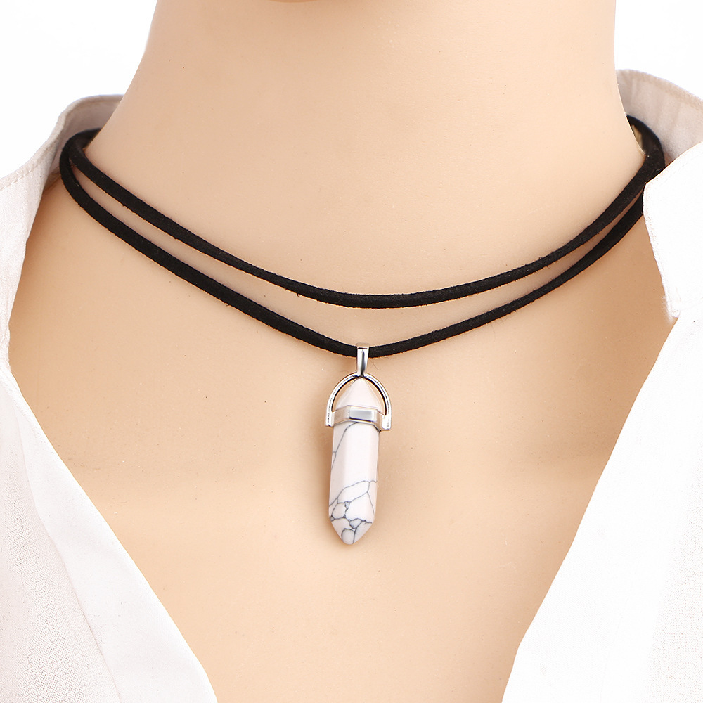 vintage fashion column leather rope chain crystal stone alloy necklace