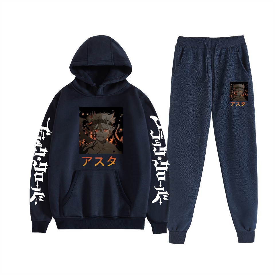 Traje de suéter con capucha suelto de dos piezas de trébol de cuatro hojas negro para hombres y mujeres con estampado de letras nuevas transfronterizas