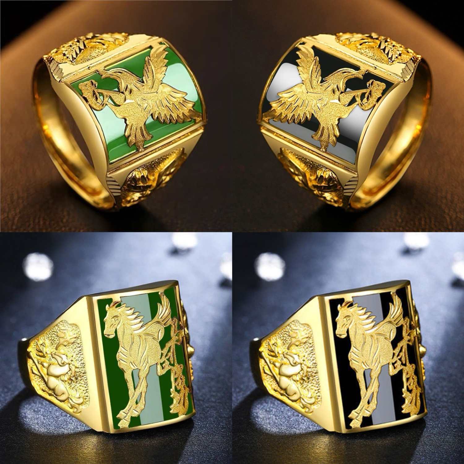 仿玛瑙仿金戒指越南沙金霸气大鹏展翅老鹰镂空男戒龙头开口批发