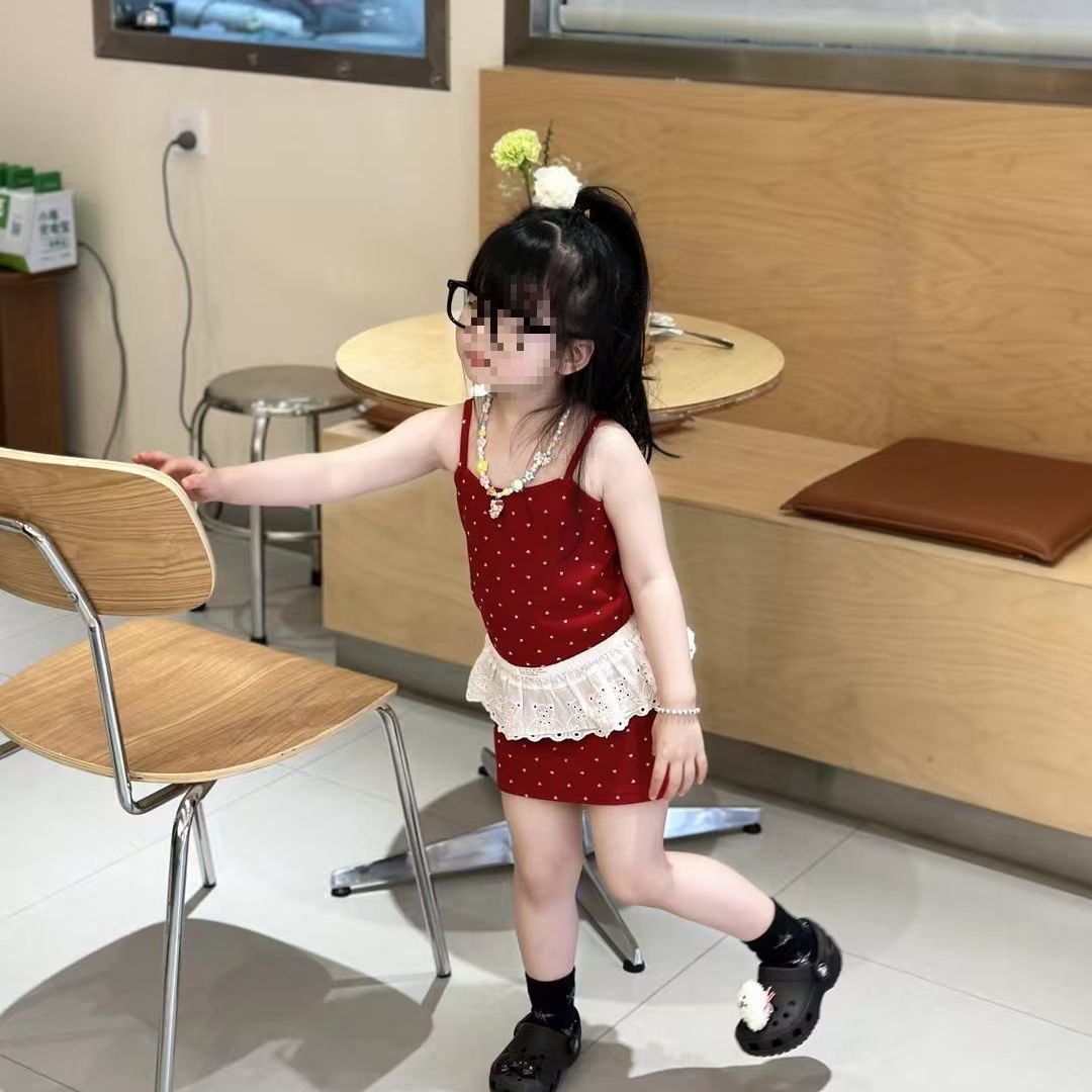 Girls' Summer Wave Dot Red Slip Skirt Baby's Summer Wear Korean Style dress Children's Wear Summer Skirt Z043