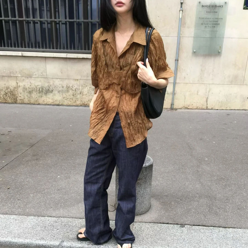 Mona·Xh Korean Style Two-Piece Top Dongdaemun Summer New Pleated Turn-Down Collar Short-Sleeve Shirt/Strap Top for Women Mona·Xh Korean Style Two-Piece Top Dongdaemun Summer New Pleated Turn-Down Collar Short-Sleeve Shirt/Strap Top for Women