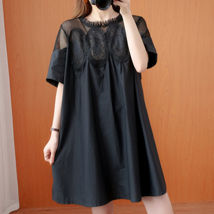 Stylish Large Size Women's Clothing Summer Dress Chubby Girl Lace Mesh Stitching Short Sleeve Slimming High Waist Princess Dress Women's Fashionable