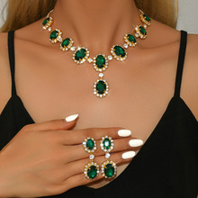 欧美时尚彩钻水滴形超闪气质套链耳环项链夸张二件套新娘首饰批发