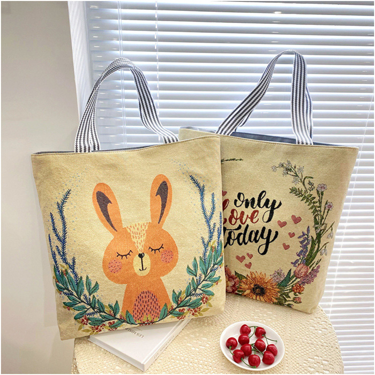 189g Weight Polyester Lining Material Zipper Closure Type Double Shoulder Straps Strap Type Tote Bag Bags Type Casual, Daily Occasion Linen Material Animal Pattern All Seasons Season Women's Gender Cute Style Square Shape Women's Linen Animal Cute Square Zipper Tote Bag 14