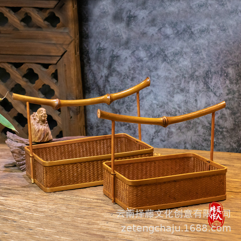 手工竹编大漆圆形方形提篮茶具收纳盒筇竹茶叶包装云南特色手工艺