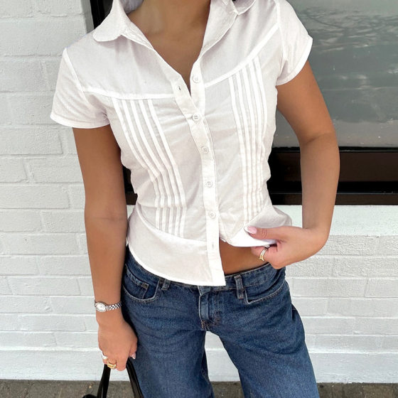 Organ Pleated Lapel Buckle Solid Color Girl's Short-sleeved Shirt Sweet Fashionable All-match Tight Waist Slimming Short Top