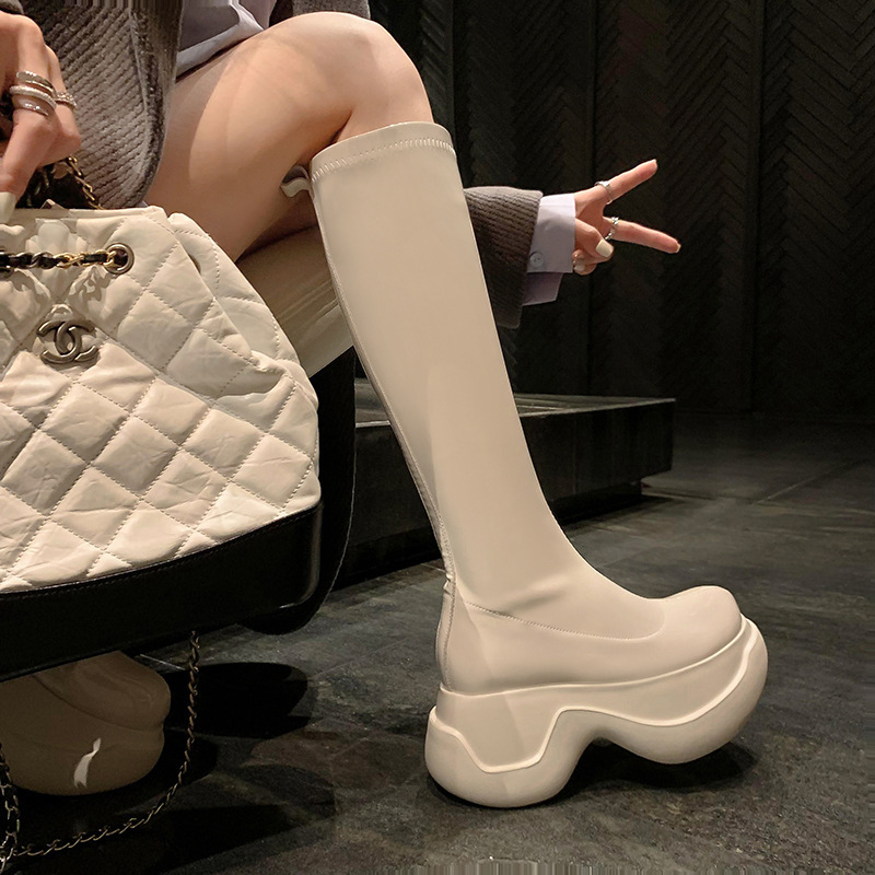 Women's thick-soled platform boots, 2023 autumn and winter high-heeled elastic knee-high boots, all-matching thin boots