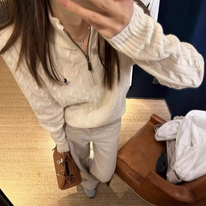 High-Quality Rl Laff Half-Zip Cable Knit Sweater with Pony Logo Correct Version Long-Sleeve Pullover Cable Knit Sweater in Stock