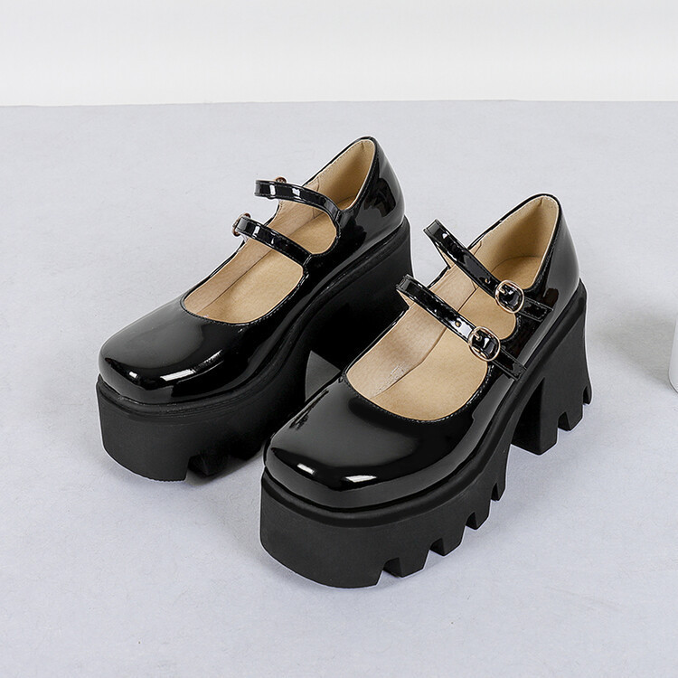 Burgundy women's shoes square toe made of patent leather platform
