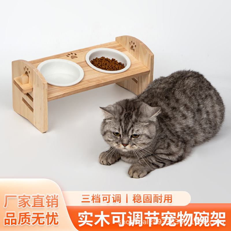 Solid Wood Cat Bowl Stand with Slanted Ceramic Bowl for Large and Medium-Sized Dogs, Adjustable Height Cat Feeding Base for Pets