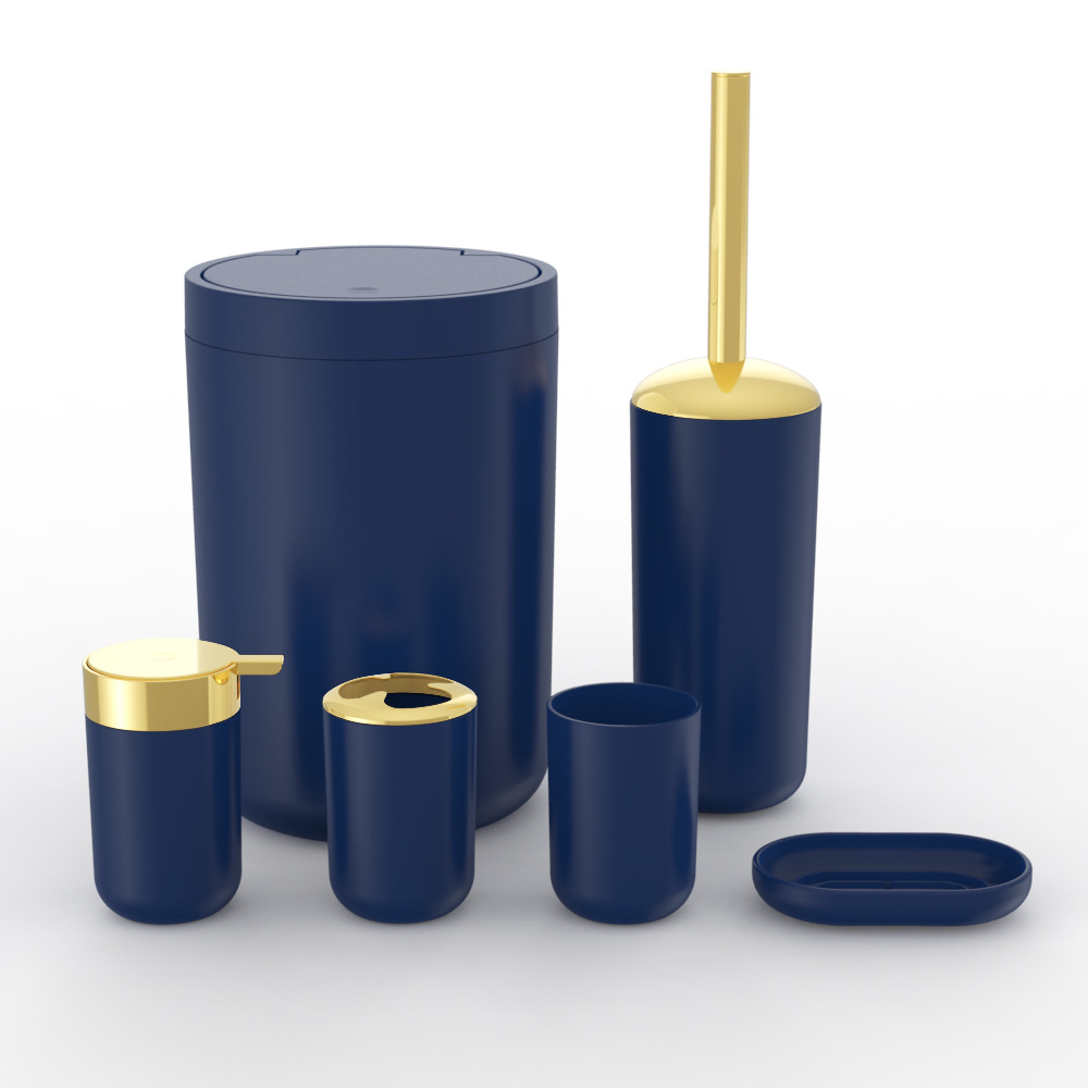 Plástico de color sólido chapado en oro seis piezas conjunto de cepillo de dientes caja de jabón cepillo de inodoro almacenamiento baño conjunto de lavado
