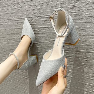 2023 Pointed Toe Sandals High Heels Women's Shoes with Ankle Strap Chunky Heel Party Casual Everyday Versatile Fashion Trend