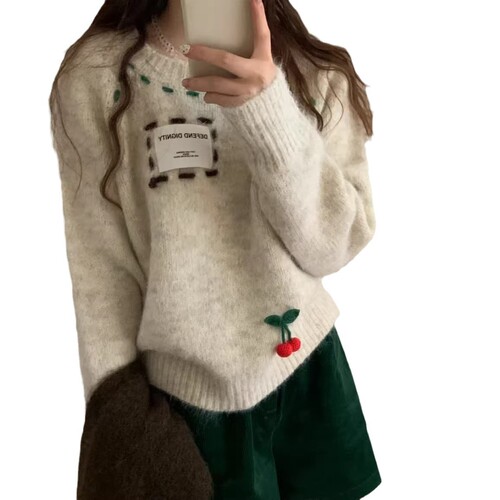 Korean style patch letter top embroidered sweater for women, autumn and winter lazy style, loose and versatile outer wear cherry sweater