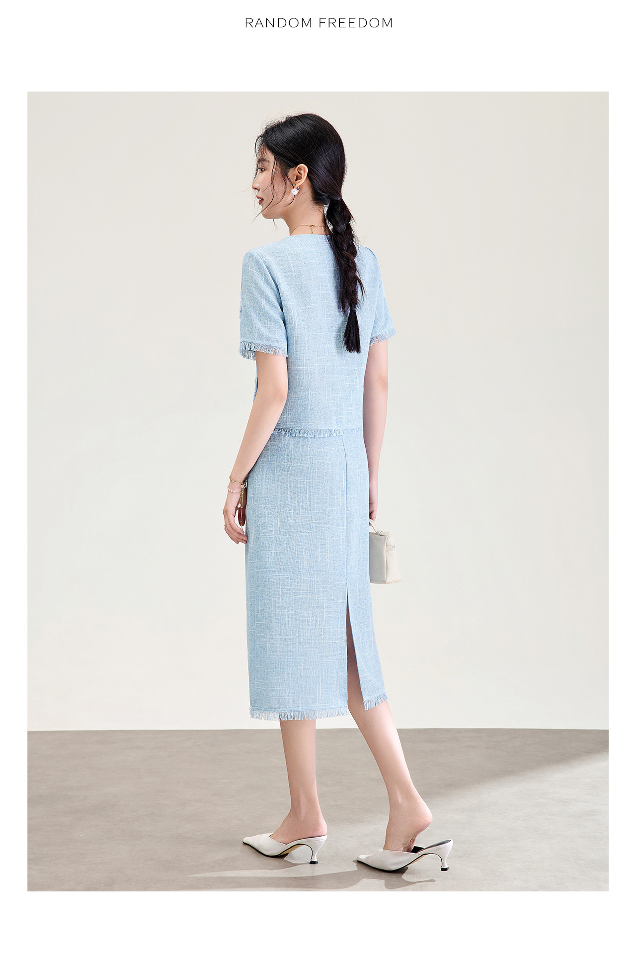 Bộ hai mảnh áo tay ngắn kiểu Chanel + chân váy midi cao cấp nữ mùa hè — xanh lam chi tiết 15