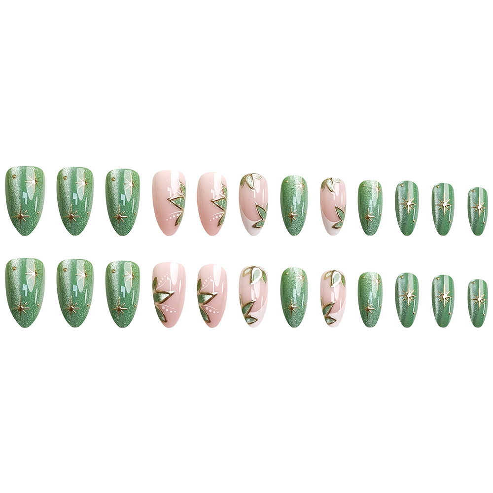 Mosaico de oro transfronterizo, ojo de gato francés, uñas frescas y blancas, 24 piezas de uñas falsas, lote mixto