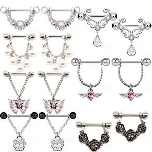Gaibei European and American cross-border wings breast ring Pearl nipple nail butterfly rose chain breast nail Opal skull chest ornament