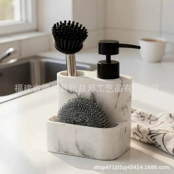 Exportación de resina de mármol imitación de botella de limpieza de cocina botella de embalaje de acero inoxidable mango de olla cepillo bola limpia