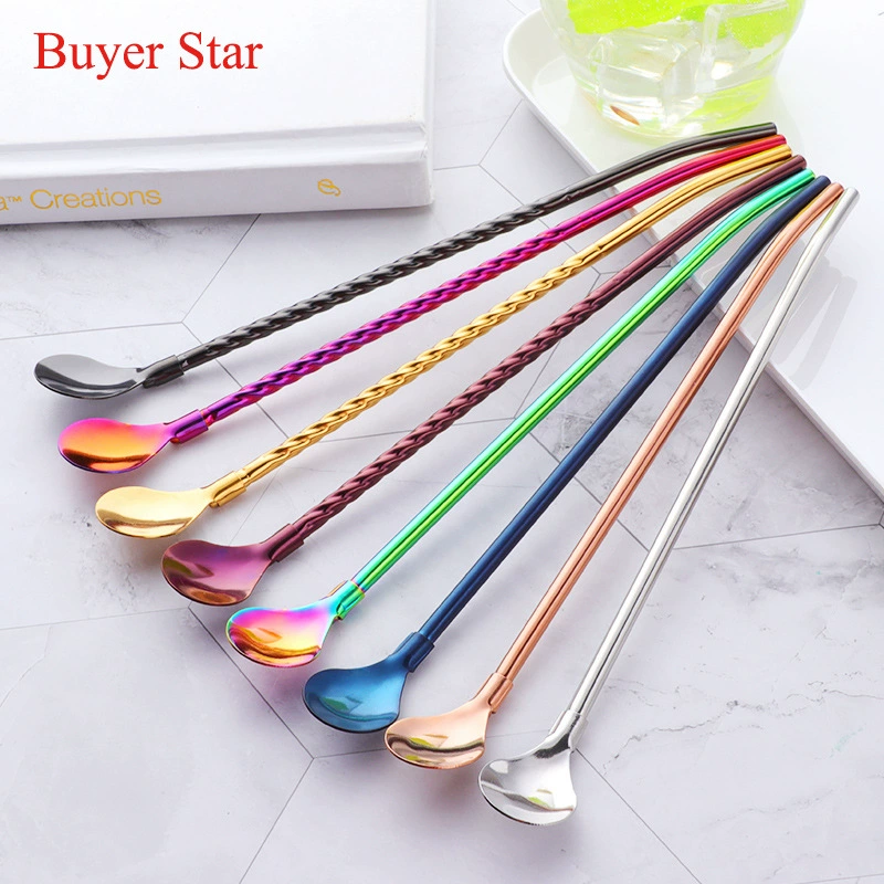 304 соломенная ложка из нержавеющей стали чай с молоком пищевая промышленность длинная ручка одна ложка двойного назначения кофейный сок напиток Смешивание ложка