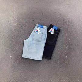 跨境电商街头极地大男孩牛仔短裤Y2K裤嘻哈卡通图形刺绣复古蓝色