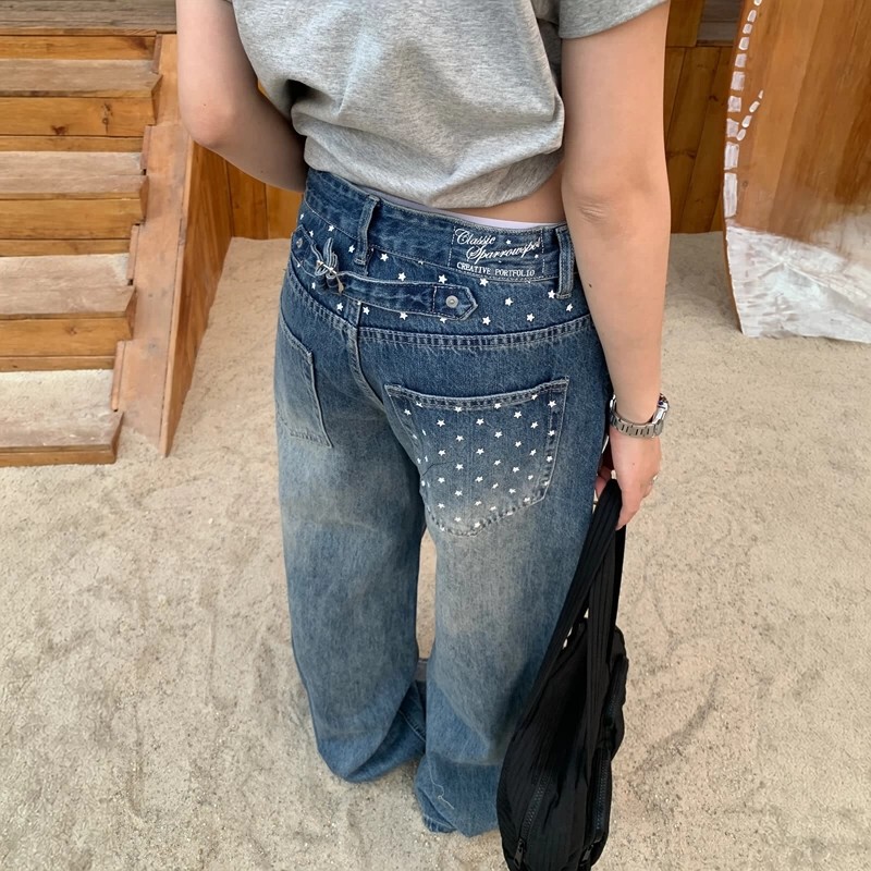 American-Style Star Print Washed Wide-Leg Jeans for Women, Spring and Summer Trendy Casual Versatile Straight-Leg Floor-Length Pants American-Style Star Print Washed Wide-Leg Jeans for Women, Spring and Summer Trendy Casual Versatile Straight-Leg Floor-Length Pants