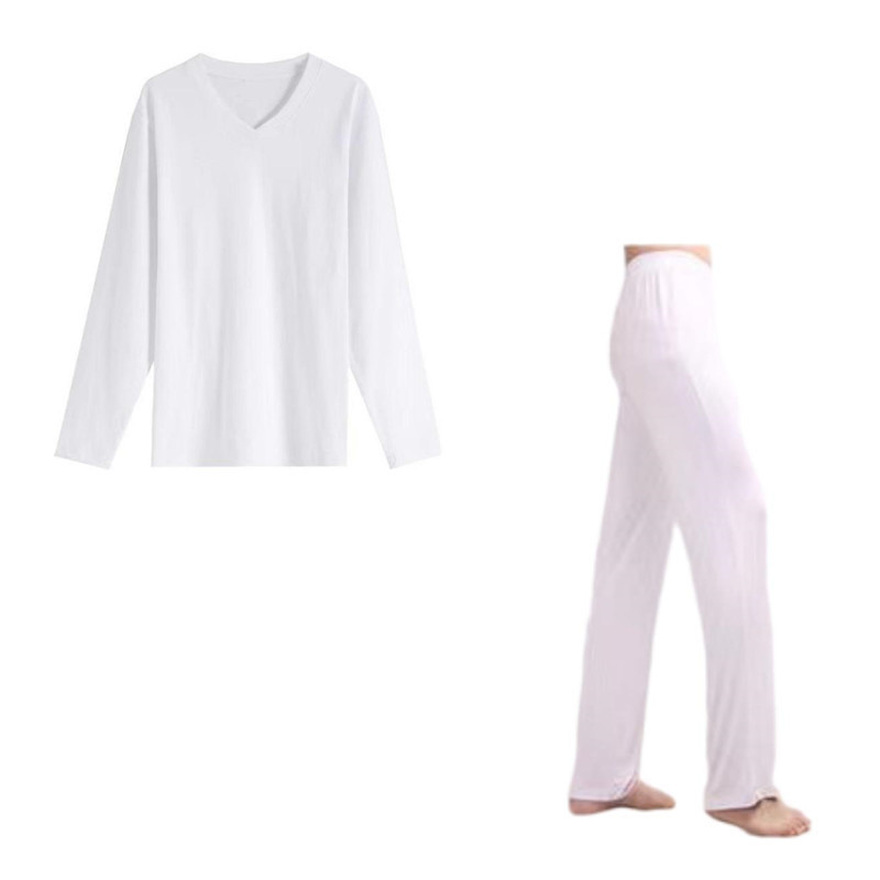 White v-neck long sleeve + white straight pants