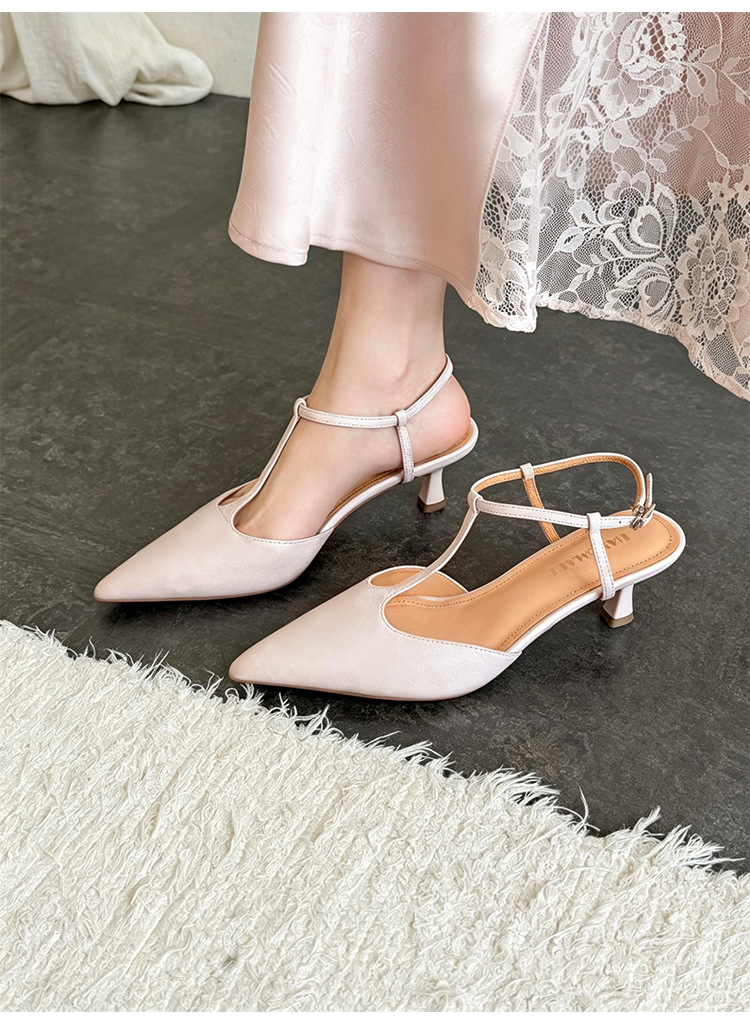 Sandal cao gót nữ mũi nhọn quai chữ T hở gót, da cừu, gót 5 cm — màu nâu chi tiết 11