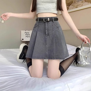 2025 New Summer Thin High-Waist Slim Pleated Anti-Exposure Denim A-Line Skirt Short Skirt Kx