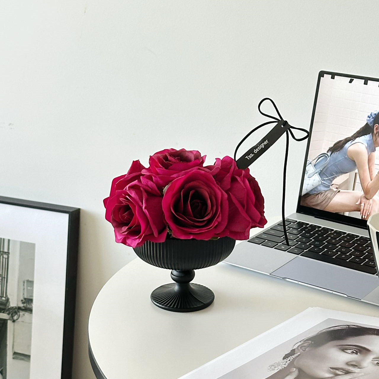 Rose red hand holding + low vase