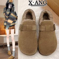 Cow suede all-inclusive Birkenstock shoes for women plus velvet warm cotton shoes snow boots winter new one-legged edamame shoes