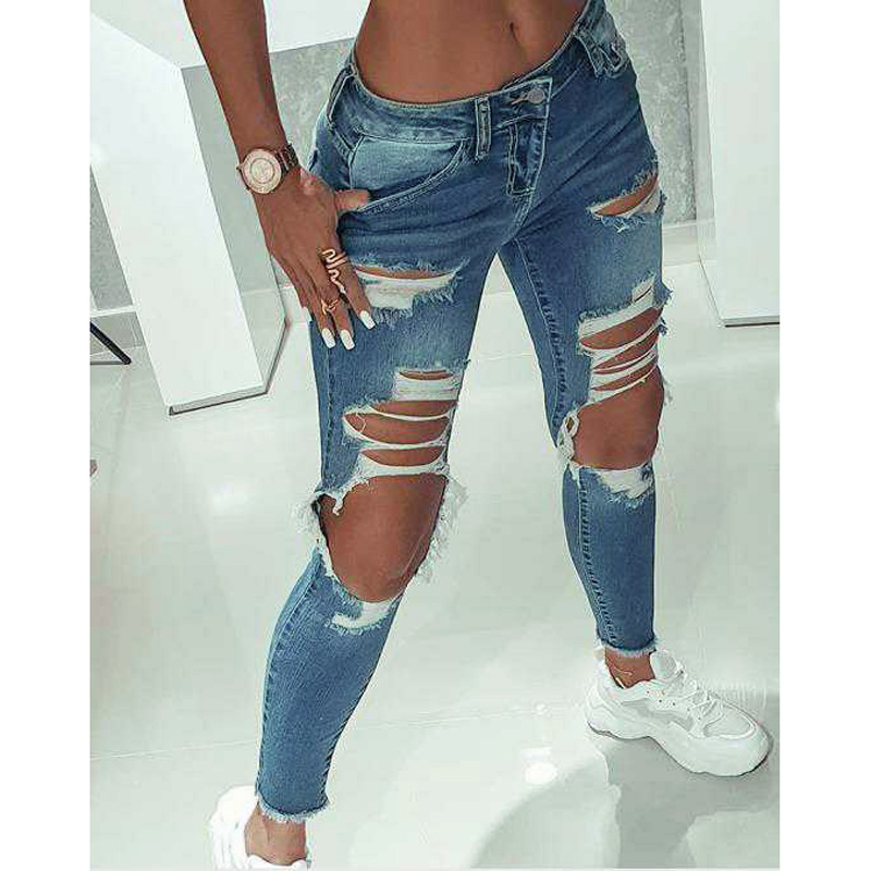 low waist washed elastic ripped jeans NSHM118840