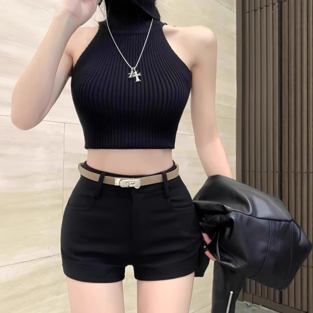 아메리칸 스타일 레트로 카키 캐주얼 반바지 여성 가을 높은 허리 슬리밍 스트레치 슬림 핫 핫 팬츠