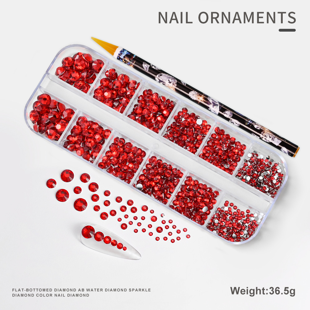 Decoraciones de Uñas con Pedrería de Fondo Plano, Superventas Transfronterizas, para Niñas, Caja de 12 Compartimentos, Accesorios de Plástico para Decoración de Uñas con Pedrería de Colores, Venta al por Mayor