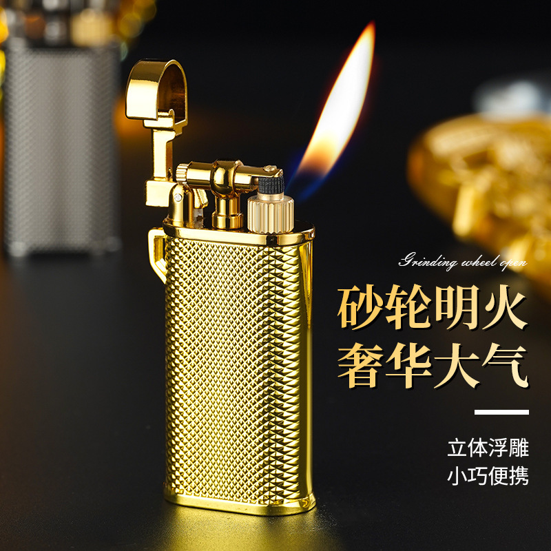 Retro Classic Grinding Wheel Lighter Inflatable Oblique Fire Portable High-End Metal Body Personalized Creative Trendy Drop Shipping