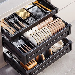 アルミ合金キッチンキャビネットバスケット食器棚三層引き出し式大容量分割式工具食器工場