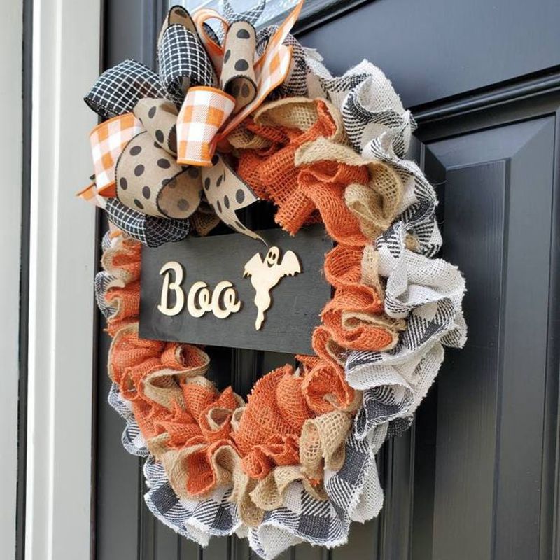 Maison & Jardin 2024 Nouvelle Couronne BOO Ornements de Porte Ruban en Tissu de Vacances Panneau en Bois Accessoires de Décoration d'Atmosphère_voghion.com