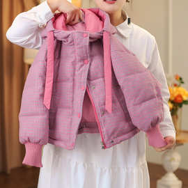 女童棉服秋冬新款2025韩系时髦粉色格子连帽棉服女孩甜美棉服外套